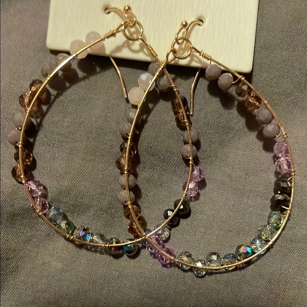World Market Gold and Purple Beaded Hoop Earrings